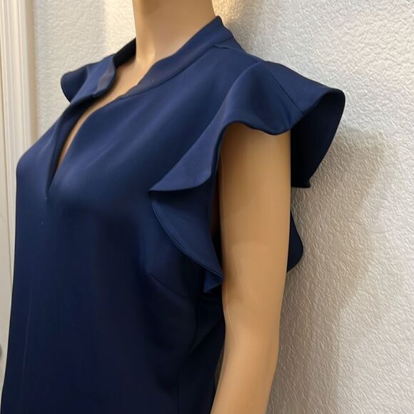 New York & Company Dress Large V Neck Flutter Sleeve Midi Navy Blue Zipper Back - Picture 4 of 12